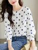 Camisa de gasa con cuello redondo y estampado de lunares para mujer, elegante, holgada, adelgazante, con mangas acampanadas, primavera y otoño de 2025