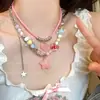 Collar de Corazón Rosa Dopamina de Doble Capa de Verano Ins Tendencia Celebridad de Internet Dulce Fresco Collar de Perlas de Colores