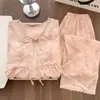 Pijama de mujer estilo princesa dulce para primavera y otoño, algodón con estampado de nubes y ribete de encaje, de manga larga, con copas en el pecho, conjunto de ropa para casa, se puede usar fuera