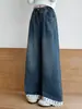 Pantalones vaqueros anchos para niña, nuevos de otoño 26 con ribete de encaje, pantalones largos rectos de cintura alta casual para niños grandes de primavera y otoño