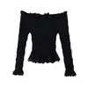 Top Preto Puro de Um Ombro Franzido com Mangas Longas para Mulheres, com Bordas Flare, Decote Ombro a Ombro, Cintura Elástica, Ajuste ao Corpo, Estilo Curto, Top Sexy