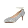 6313E Zapatos de Tacón Altos con Lentejuelas para Mujer con Tobillera de Perlas, Punta Redonda, Tacón Fino, Zapatos de Boda, Zapatos de Cristal para Fiesta de Novia