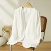 Blazer de Lino para Mujer 2026 Principios de Otoño Nuevo Artístico Retro Holgado Cuello en V Sencillo Sin Botones Top