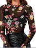 Camiseta base de malla floral con encaje, manga larga, estampada, estilo europeo y americano, ajuste ceñido, superventas transfronterizo de Amazon 2026 para mujer