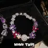 Collar de Flor de Melocotón y Flor de Lirio Morado con Piedras Preciosas Conjunto de Collar de Cubo de Azúcar Morado Lavanda Couture