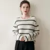 Suéter de Cachemira Holgado Perezoso de Cuello Redondo a Rayas para Mujer, Suéter de Punto de Manga Larga Off-Shoulder, Nuevo Jersey de Lana para Otoño e Invierno