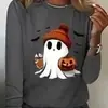 Nueva camiseta popular de Halloween con estampado de fantasma de dibujos animados de manga larga para mujer, cuello redondo, top casual holgado estampado, estilo otoño e invierno