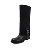 Botas de montar de cuero de grano superior + gamuza, botas largas de caña alta para mujer, punta redonda, tacón medio, botas hasta la rodilla, pantalones estilo bota para mujer
