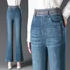 1066 primavera novo jeans flare plus size elástico elástico mãe calça feminina de meia-idade meia-idade cintura alta elástico