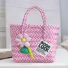 Bolsa Colorida de Palha Cesta de Legumes Bolsa Acessórios de Flores Bolsa Colorida de Palha Contrastante Grande Capacidade Bolsa de Mão para Piquenique Férias Praia
