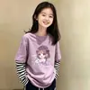 Camiseta de manga larga de algodón puro para niñas con retazos de dibujos animados, top holgado casual estilo coreano, camiseta base de dos piezas para niños para primavera y otoño