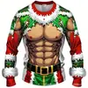 Camiseta de Manga Larga para Hombre con Estampado Digital 3D de Árbol de Navidad, Cuello Redondo, Falso Seis Pack de Abdominales Musculares, Top Casual para Fiesta