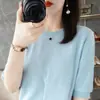 Gola redonda manga curta malha de algodão puro camada base verão novo estilo elegante padrão vazado cor sólida simples versátil top vestuário feminino