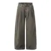 Jeans Wide-Leg Vintage Desgastado com Pregas e Múltiplos Botões para Homens, Novo Estilo de Primavera Calças Casuais Retas Largas para Mulheres, Tendência