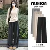 Pantalones de tela de arroz glutinoso grises para mujer, pantalones largos con cordón para principios de otoño, nuevo estilo 2026, forrados de polar, de cintura alta, pierna recta, buena caída, pantalones holgados de pierna ancha