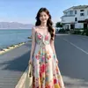 Descanso para el Té Estilo Francés Puro Deseo Floral Colorido Sin Tirantes Fluido Cintura Alta Vestido de Vacaciones Bohemio Playa Vestido Largo