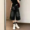 Pantalones cortos de mezclilla cropped con estampado de estrellas retro americano desgastado para mujer, nuevo estilo de verano 2026, corte holgado, tallas grandes