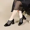Sandálias de Tela com Biqueira de Ferro, Novo Estilo Verão 2026, Sapatos de Tela Versáteis com Salto Alto e Médio para Mulheres, Sapatos Femininos de Salto Bloco para o Verão