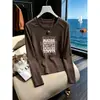 Elegante camiseta de manga larga con dobladillo curvo para mujer, elegante y versátil, estampado de espiga, top de algodón puro, camiseta básica
