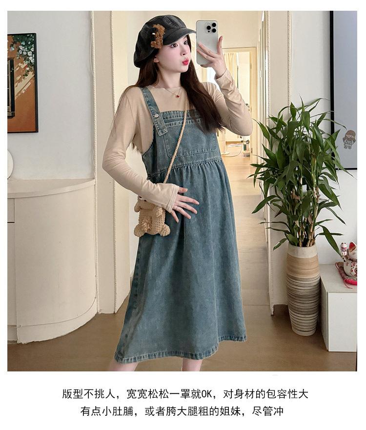 孕妇装春秋吊带牛仔连衣裙