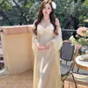 Camisola de Seda Gelada para Mulheres, Vestido Longo para Primavera e Outono, Conjunto de Duas Peças, Estilo Puro e Sexy com Bojos, Roupa de Dormir Longa