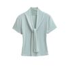 Camiseta Rosa de Manga Curta com Gola Azul Marinho em V para Mulheres, Top de Verão Ajustado na Cintura com Visual Elegante e que Valoriza a Figura