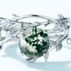 Entrega Global Spot Transfronteriza Anillo de Plata S925 Musgo Verde Anillo de Ágata de Hierba Acuática para Mujer Moda Único Estilo Europeo y Americano