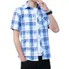 AliExpress camisa casual masculina atacado lapela japonesa xadrez camisa jovem marca de moda camisa de manga curta cabelo masculino