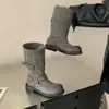 Botas altas de caballero negras estilo nuevo, tacón grueso, hebilla de cinturón apilada desgastada, retro largo, talla grande, para primavera/otoño 2026