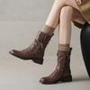 Botas Martin de Cuero de Vaca Plegadas Estilo Punk con Sentido del Diseño 2024 Invierno Tacón Medio Grueso Cremallera Lateral Hebilla de Cinturón Botines de Piel Genuina para Mujer