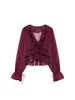 Blusa Feminina Marca Z com Babados e Decote V, Estilo Europeu e Americano Moderno, Cor Vinho Francês da Moda, Leste Za