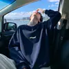 Moletom American High Street com Estampa de Letras Gola Redonda Masculino Outono Inverno Camada Interna Camada Base Solto Ombro Caído Versátil Sem Capuz Top