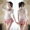 Uniforme de estudiante sexy, camisa transparente con lazo, falda plisada a cuadros, traje de lencería