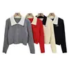 Novo Gola Polo de Inverno Cor Contrastante Estilo Preppy Tricô Curto de Manga Longa I Veludo Ártico Tricô Bordado Retrô