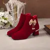 Sapatos de Casamento para Mulheres 2025 Outono e Inverno Novo Estilo Traje Xiuhe Vestido de Casamento Dois Usos Salto Alto Vermelho Sapatos de Noiva Botas de Casamento