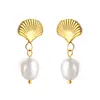 Pendientes Japoneses y Coreanos de Perla Blanca, Diseño de Lujo de Nicho, Pendientes Ovalados de Concha con Forma de Abanico Empalmada, Pendientes Geométricos de Acero Inoxidable