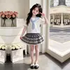Nuevo Conjunto de Dos Piezas para Niñas, Estilo Academia Elegante de Verano, Top de Manga Corta con Corbata, Falda Dulce de Encaje tipo Pastel