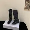 Botas Longas de Couro Sintético com Tiras, Aparência de Duas Peças, Botas de Cavaleiro de Couro Genuíno com Salto Alto, Botas Retrô com Bico Redondo, Salto Grosso e Pregas