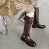 Botas de Equitación de Moda Versátiles de Piel de Vaca Genuina con Suela Gruesa y Hebilla de Cinturón Invierno 2025 Tacón Medio Grueso Punta Redonda Cuero Genuino Botas Altas para Mujer