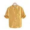 Camisa de Algodón y Lino Versátil con Bloques de Color Estilo Japonés y Cuello Alto para Hombre, Moda Coreana Moderna con Mangas de Tres Cuartos, Camisa de Lino