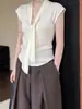 Top de punto blanco con escote en V y ribete de cinta, manga corta, para mujer, camiseta de verano de alta gama, ajustado, con manga tipo volante, ligero