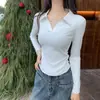 Camiseta Polo de Manga Longa 210g Algodão Puro com Costela, Cor Sólida Simples, Base para Mulheres com Design que Marca a Cintura