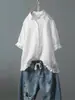 Comércio Exterior Transfronteiriço Tiktok Shopee Loja Camiseta Manga Curta Cor Sólida Algodão e Linho Retrô Camisa Top Puro Algodão Casual Feminino