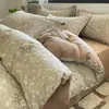 Juego de ropa de cama de cuatro piezas de algodón cepillado, algodón puro, engrosado para otoño e invierno, apto para todas las estaciones, incluye sábana plana, sábana ajustable y funda de edredón
