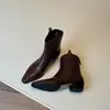 Primer Encuentro con Botines Británicos de Punta Fina para Mujer, Botas Martin de Otoño e Invierno, Botas Vaqueras Western de Tacón Grueso con Punta Cuadrada Pequeña y Corte en V
