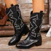 Botas vaqueras occidentales europeas y americanas transfronterizas para mujer, botas altas hasta la rodilla con corte en V, botas vaqueras occidentales bordadas, talla 43, en stock