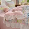 Juego de ropa de cama de cuatro piezas de algodón lavado con encaje color crema estilo japonés para niñas, sábana y funda de edredón estilo coreano, juego de tres piezas de sábana bajera para dormitorio