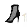 Saltos Altos para Dança Jazz, Sapatos de Dança Moderna, Botas Curtas de Renda com Cadarço e Malha, Sandálias de Bico Aberto, Saltos para Dança Latina, Sapatos Especiais para Dança