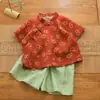 Ropa de verano para niños, nuevo estilo para niñas: cuello alto retro, nuevo top floral estilo chino con botones, pantalones rectos de pierna ancha, conjunto estilo nacional