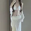 Biquíni Sexy 2025 Novo Dividido Quatro Peças Saia Longa Proteção Solar Férias Fonte Termal Biquíni Roupa de Banho Feminina